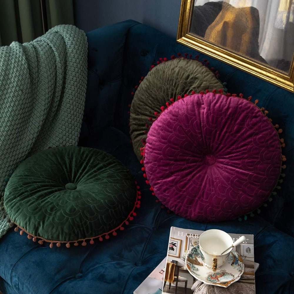 Vellora Rond Kussen - Vintage Gewatteerd Fluweel, Met Pompons 3