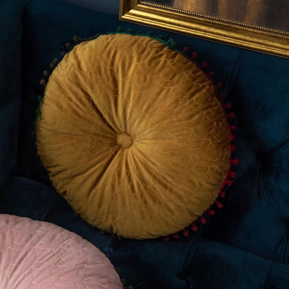 Vellora Rond Kussen - Vintage Gewatteerd Fluweel, Met Pompons 4