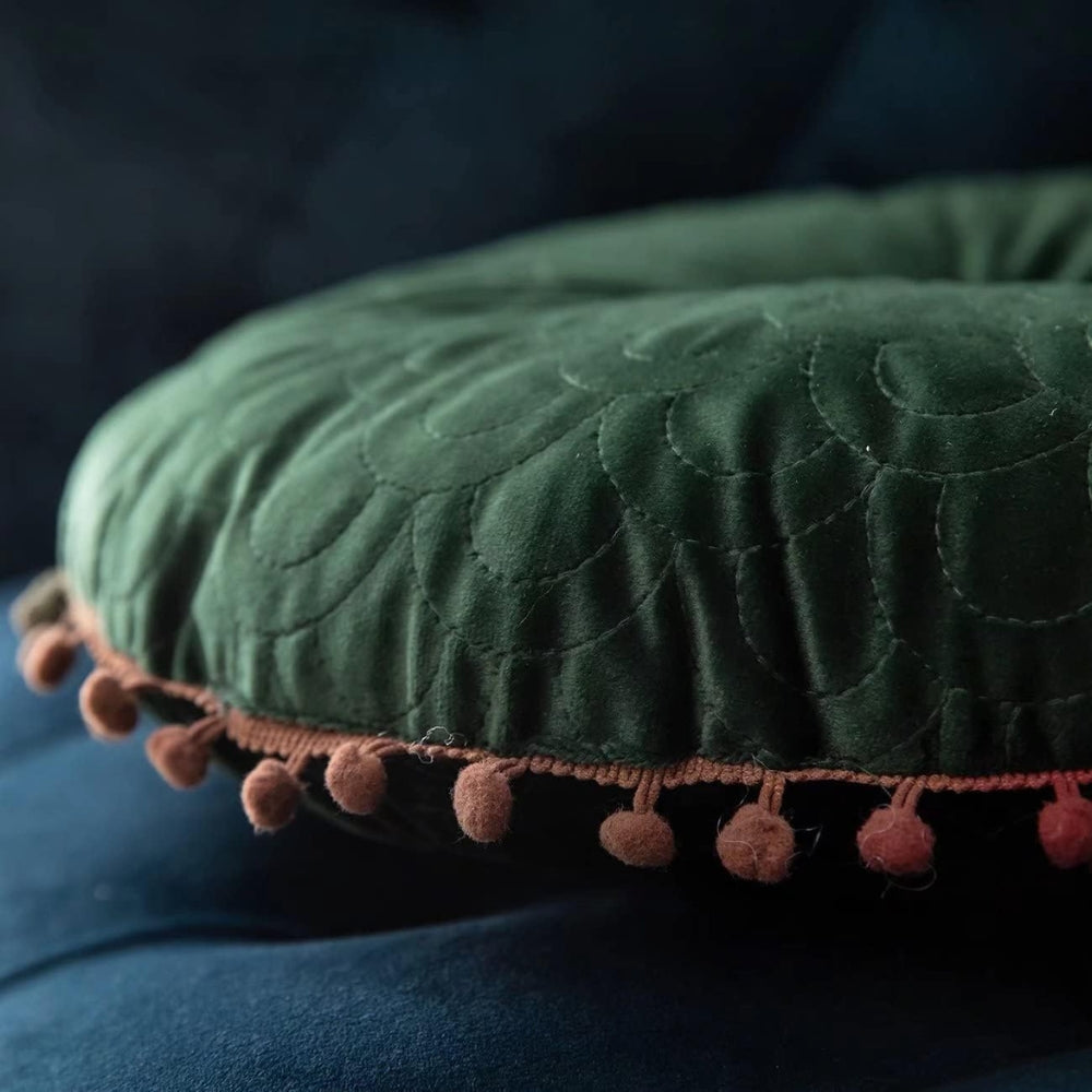 Vellora Rond Kussen - Vintage Gewatteerd Fluweel, Met Pompons 7