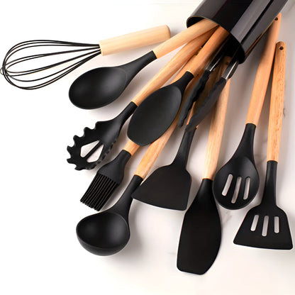 BambooSilicoSet™ – BPA-Vrije Siliconen Keukengerei Set – 12-Delige Kookhulpen Set