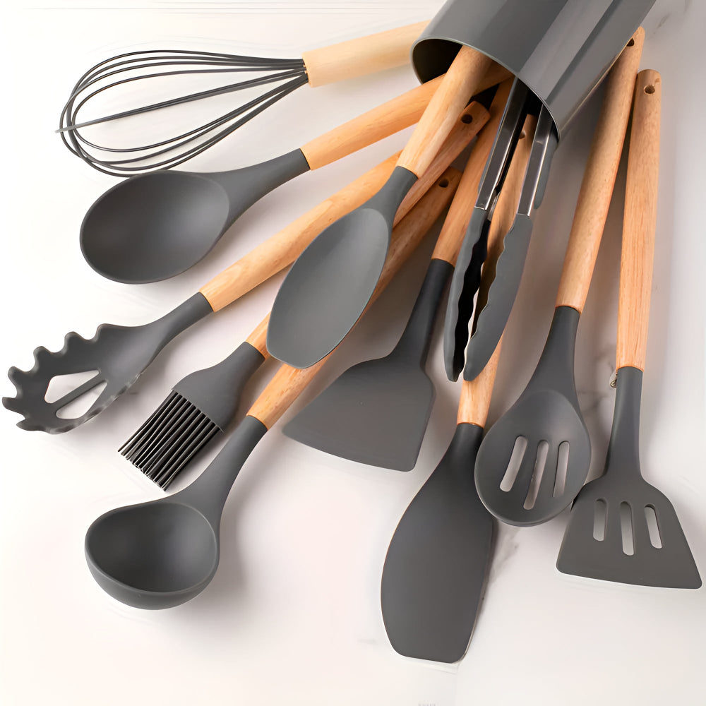 BambooSilicoSet™ – BPA-Vrije Siliconen Keukengerei Set – 12-Delige Kookhulpen Set