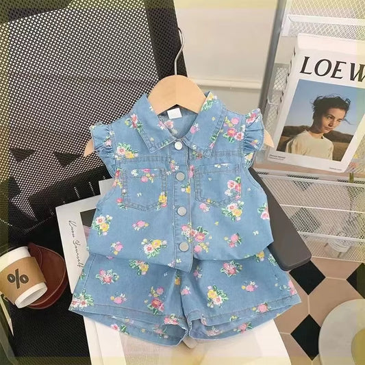 BloomDenim™ – Zomerset met Bloemenprint – Meisjes Outfit voor Warme Dagen