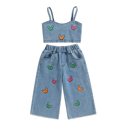 FlutterDenim™ – Denim Set met Vlinderborduursel – Meisjes Zomeroutfit