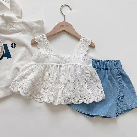 LaceBloom™ – Kant & Denim Zomerset – Meisjes Tweedelige Outfit