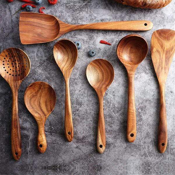 TeakCraft™ – Handgemaakte Teak Keukengerei Set – Krasvrije Kookhulpen Set