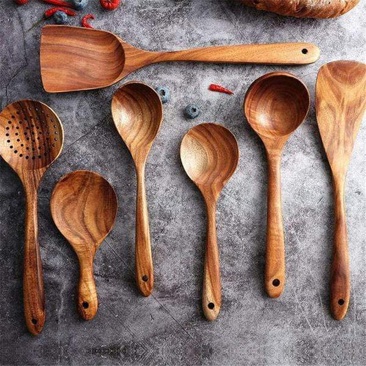 TeakCraft™ – Handgemaakte Teak Keukengerei Set – Krasvrije Kookhulpen Set