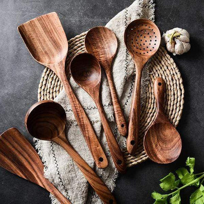 TeakCraft™ – Handgemaakte Teak Keukengerei Set – Krasvrije Kookhulpen Set